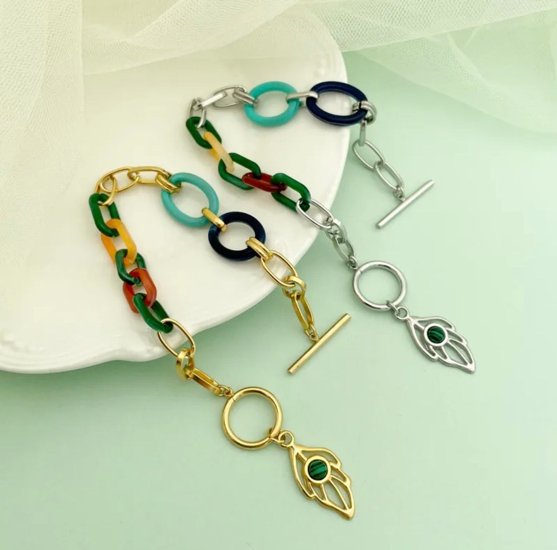 Stainless steel multi color leaf necklace set