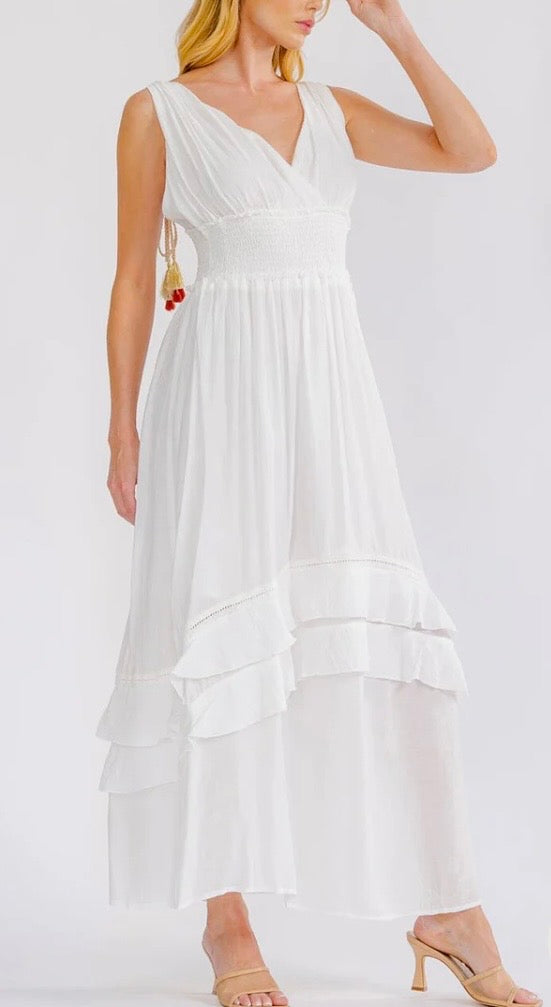 WOMEN'S SLEEVELESS V-NECK OPEN BACK
SMOCK WAIST TIERED
MAXI DRESS