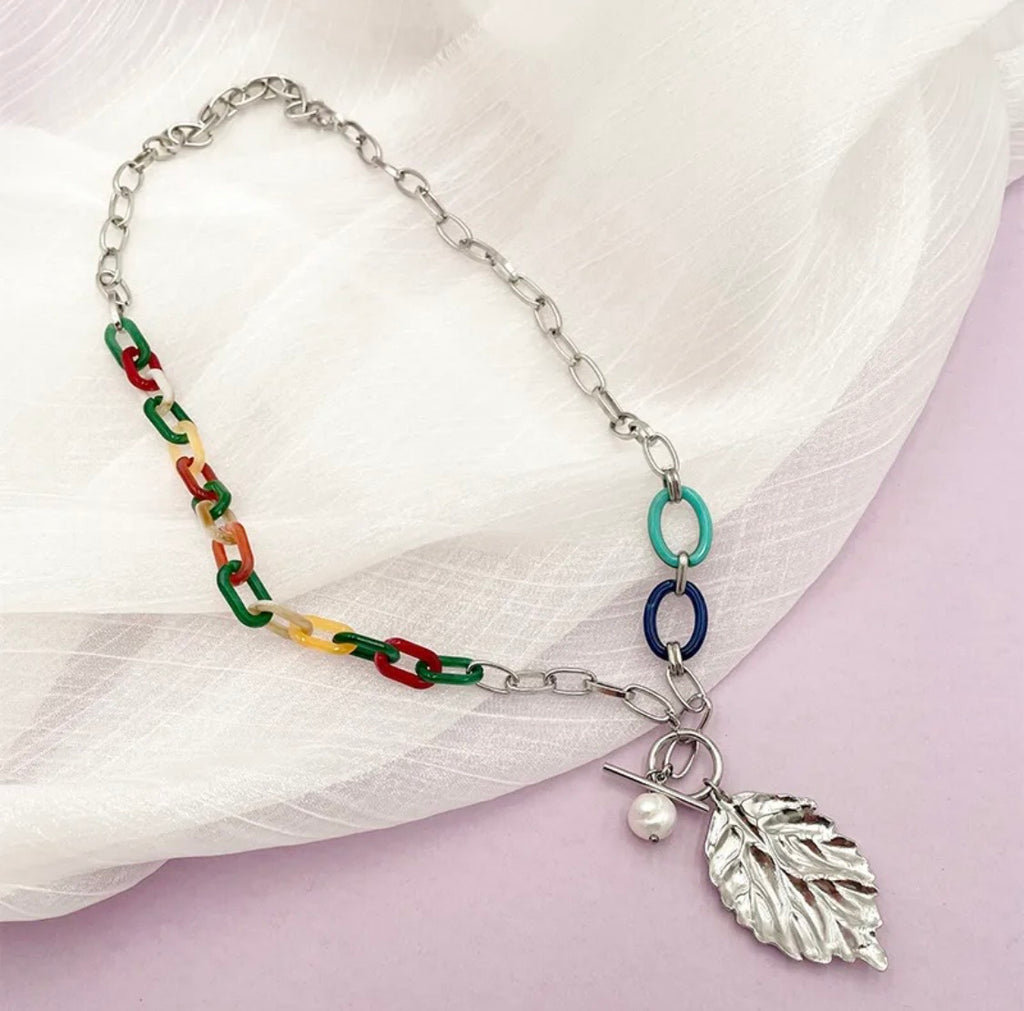 Stainless steel multi color leaf necklace set