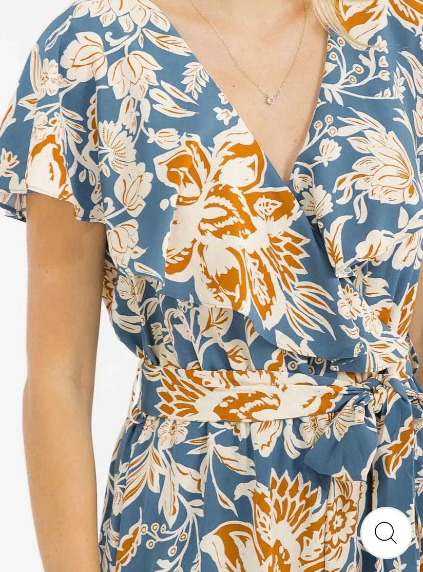 WOMEN'S SHORT SLEEVES SURPLICE
ELASTIC WAIST WIDE LEG FLORAL JUMPSUIT