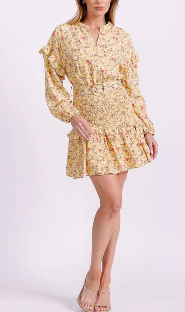 WOMEN'S LONG SLEEVE VINECK SMOCK BELTED BUTTON UP FLORAL
MINI Dress