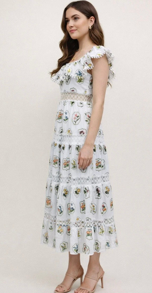 JUST ME WOMEN'S SLEEVELESS RUFFLE
TIERED FLORAL
REMBROIDERY MAXI DRESS