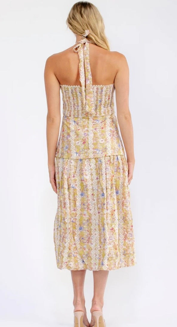JUST ME WOMEN'S SLEEVELESS HALTER NECK SMOCK FLORAL EMBROIDERY MAXI
DRESS