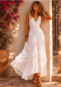 WOMEN'S SLEEVELESS V-NECK OPEN BACK
SMOCK WAIST TIERED
MAXI DRESS