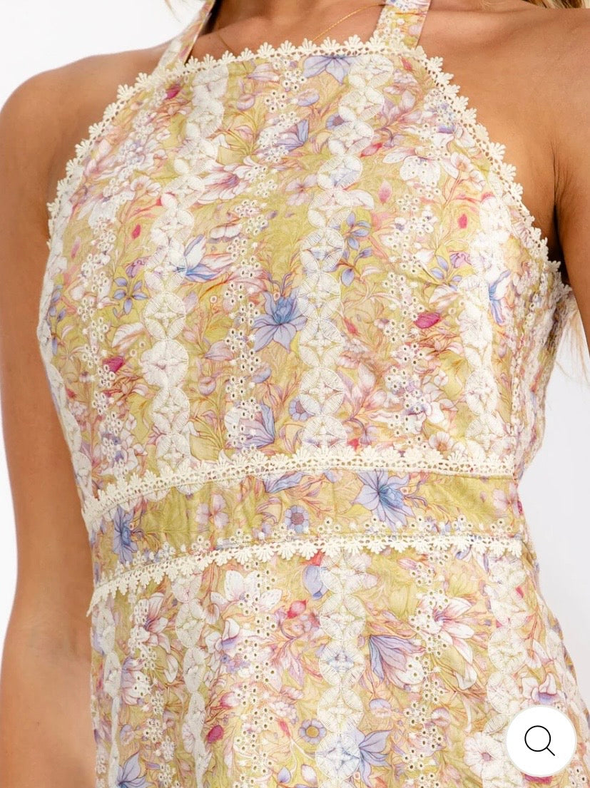 JUST ME WOMEN'S SLEEVELESS HALTER NECK SMOCK FLORAL EMBROIDERY MAXI
DRESS