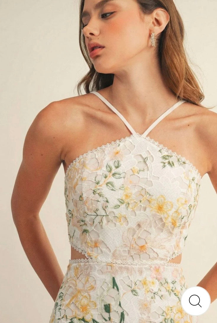 JUST ME WOMEN'S SLEEVELESS HALTER
NECK OPEN BACK FLORAL CROCHET
BODYCON MAXI DRESS