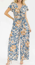 WOMEN'S SHORT SLEEVES SURPLICE
ELASTIC WAIST WIDE LEG FLORAL JUMPSUIT