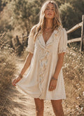 JUST ME WOMEN'S
SHORT SLEEVE BUTTON UP FRONT POCKETS
EMBROIDERY FLORAL
MINI DRESS