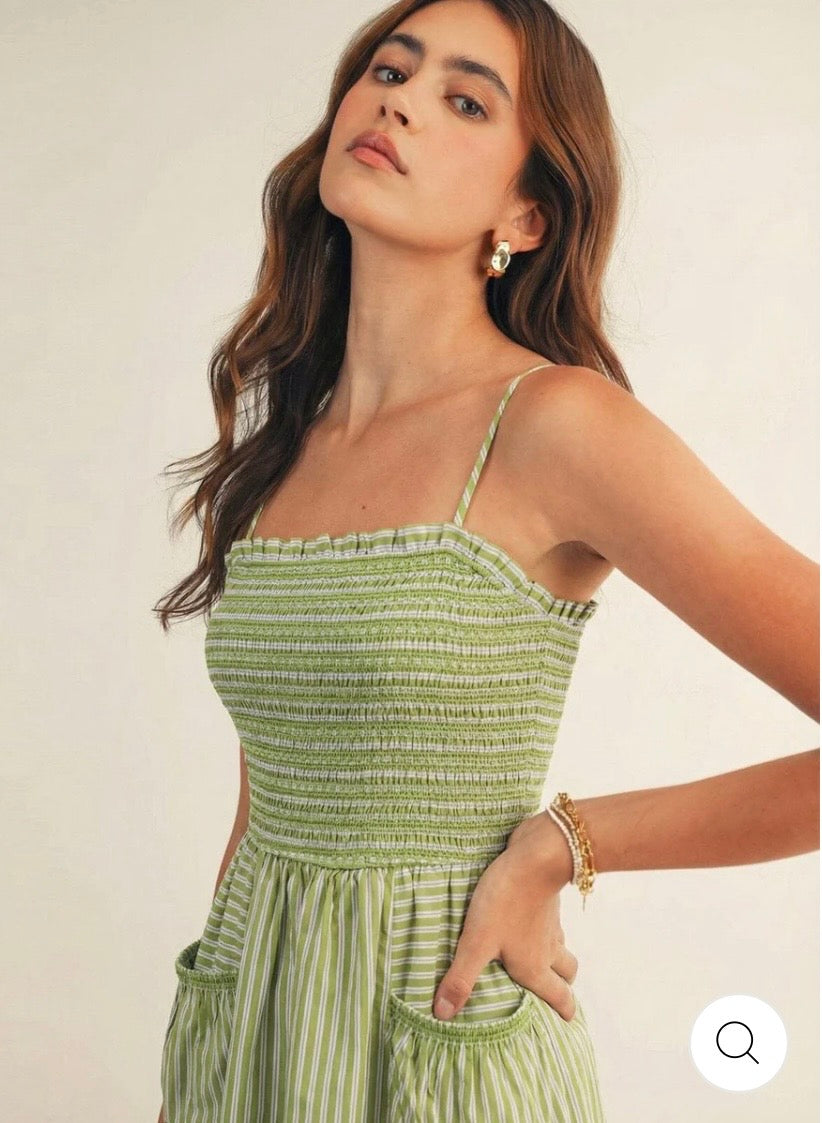JUST ME WOMEN'S
SLEEVELESS SOUARE
NECK SMOCK POCKETS
STRIPES MAXI DRESS