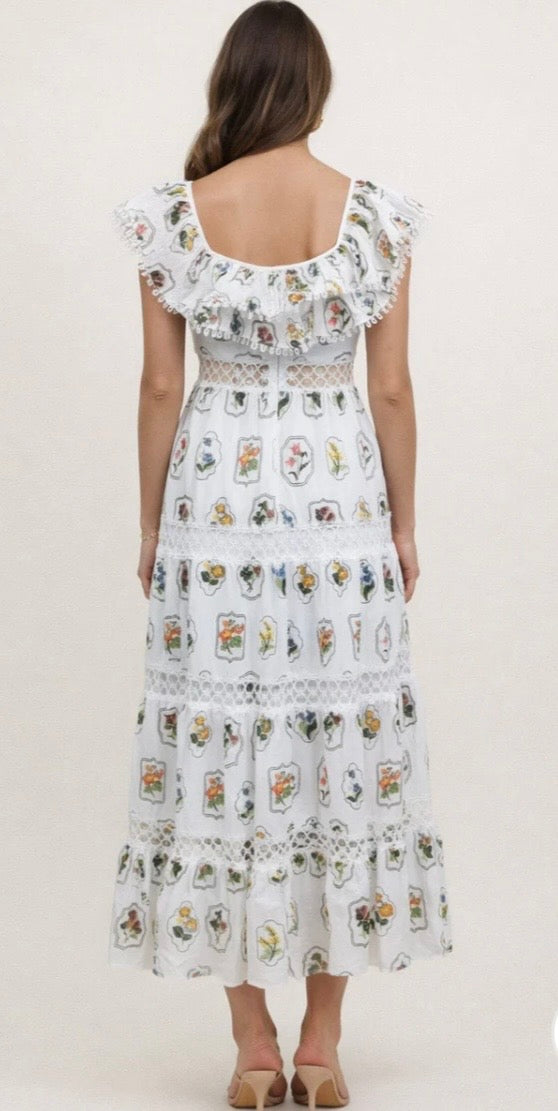 JUST ME WOMEN'S SLEEVELESS RUFFLE
TIERED FLORAL
REMBROIDERY MAXI DRESS