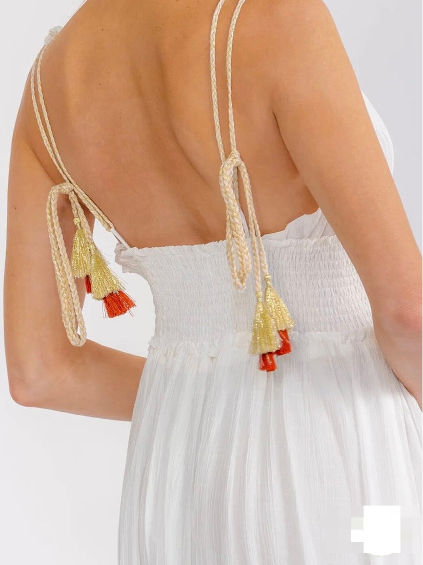 WOMEN'S SLEEVELESS V-NECK OPEN BACK
SMOCK WAIST TIERED
MAXI DRESS