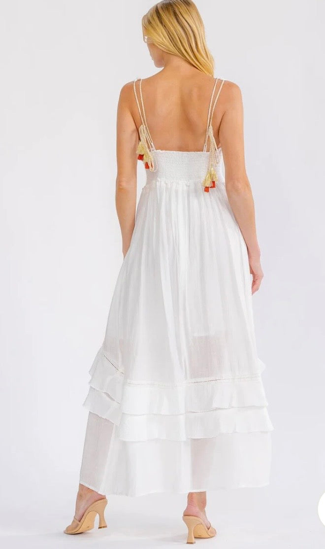WOMEN'S SLEEVELESS V-NECK OPEN BACK
SMOCK WAIST TIERED
MAXI DRESS