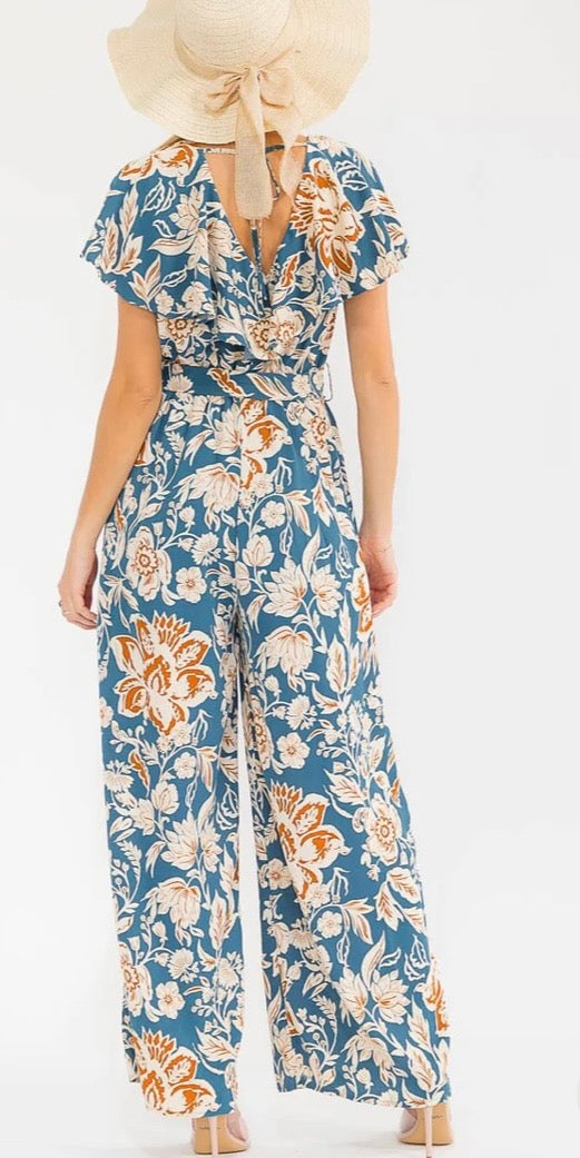 WOMEN'S SHORT SLEEVES SURPLICE
ELASTIC WAIST WIDE LEG FLORAL JUMPSUIT