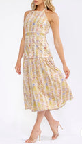 JUST ME WOMEN'S SLEEVELESS HALTER NECK SMOCK FLORAL EMBROIDERY MAXI
DRESS
