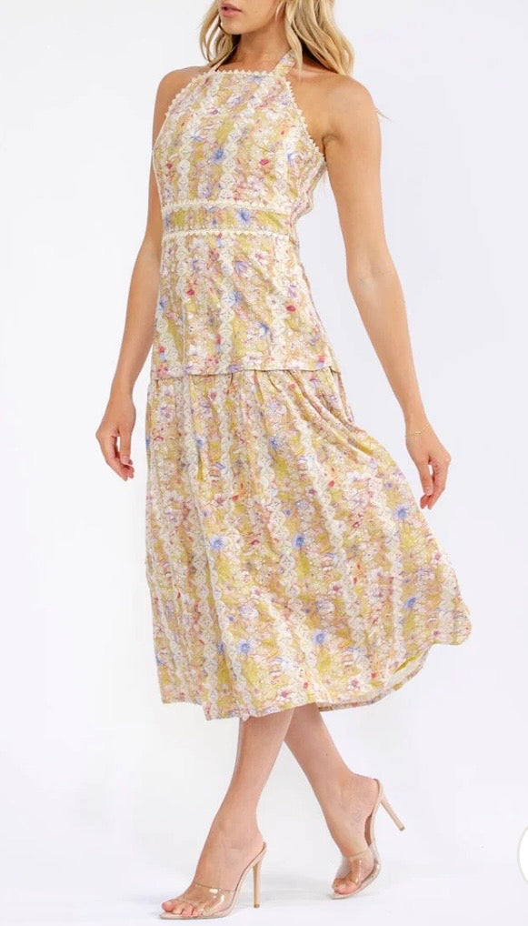 JUST ME WOMEN'S SLEEVELESS HALTER NECK SMOCK FLORAL EMBROIDERY MAXI
DRESS