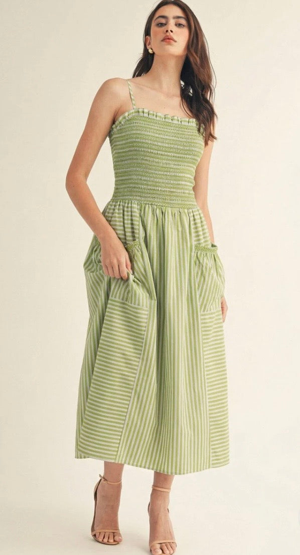 JUST ME WOMEN'S
SLEEVELESS SOUARE
NECK SMOCK POCKETS
STRIPES MAXI DRESS