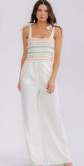 WOMEN'S SLEEVELESS SMOCK POCKETS SQUARE NECK WIDE LEG JUMPSUIT