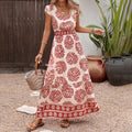 Graceful V-Neck Printed Long Dress Ladies Waist Hugging Summer Dress Short Sleeve Ankle Length