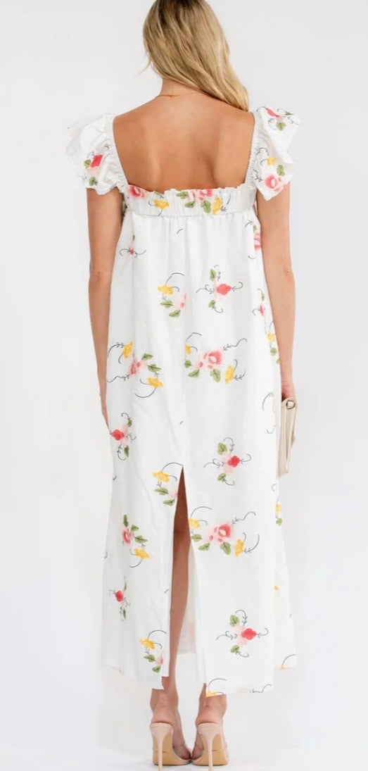 JUST ME WOMEN'S SLEEVELESS SOUARE NECK FRONT POCKETS FLORAL EMBROIDERY
MAXI DRESS