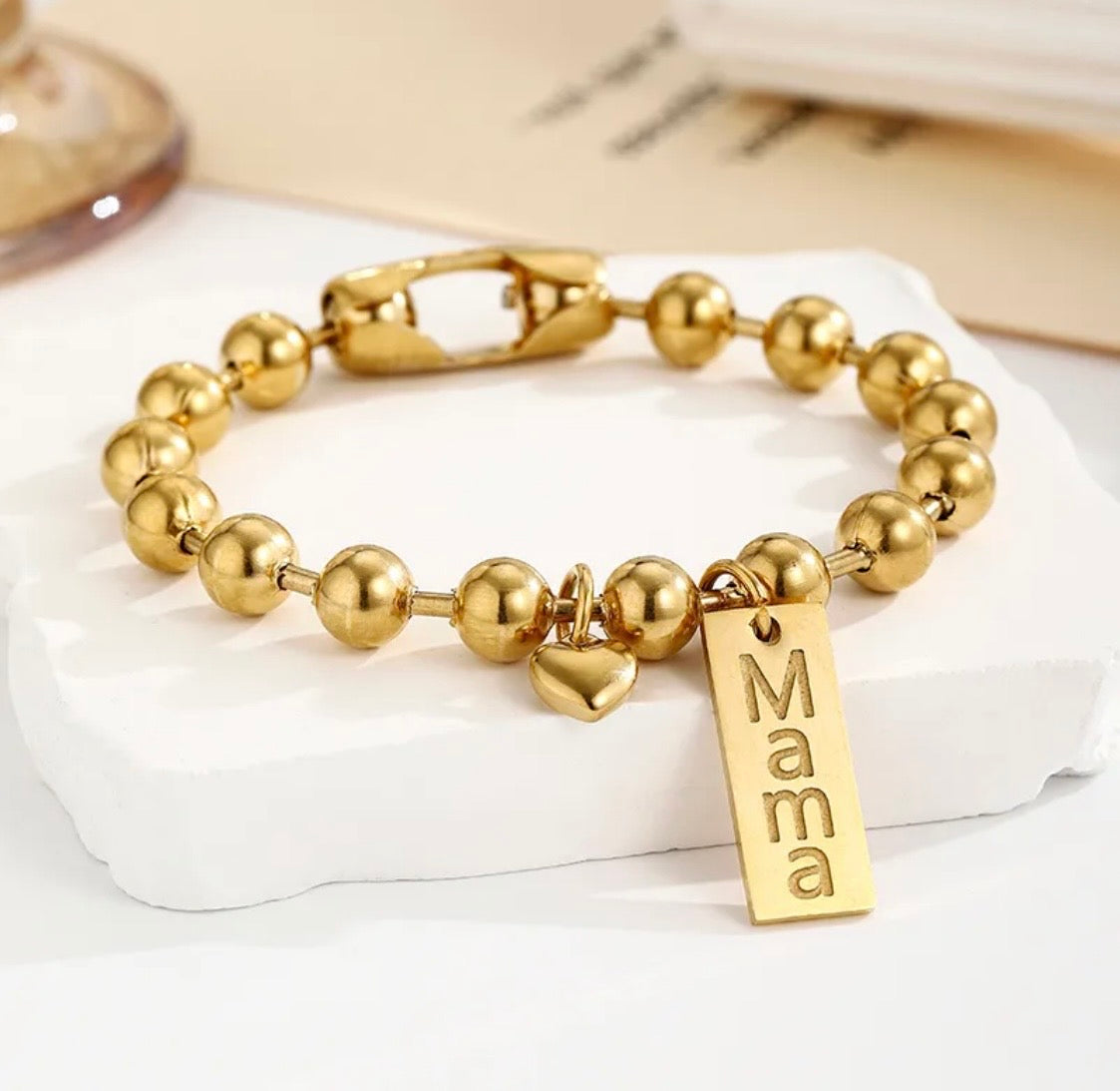 Heart-Shaped Vacuum Stainless steel gold plated Mama bracelet