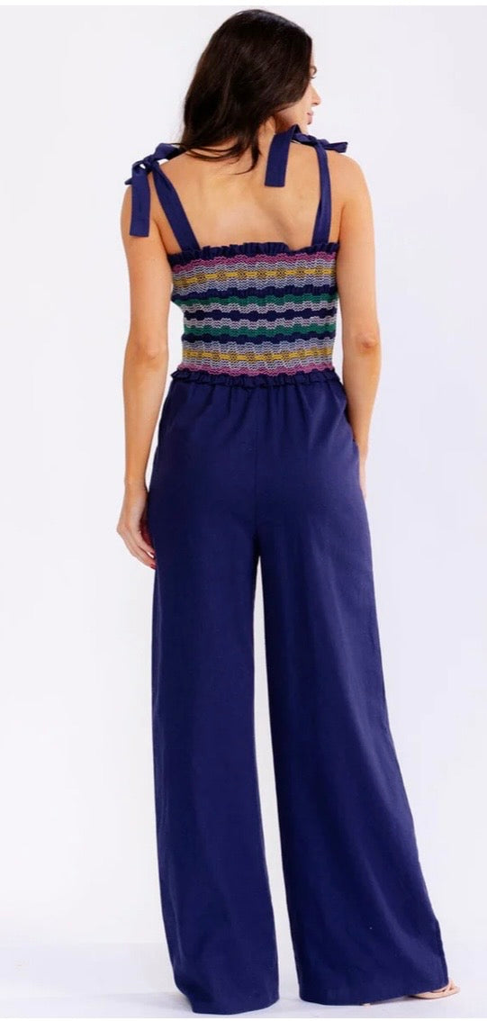 WOMEN'S SLEEVELESS SMOCK POCKETS SQUARE NECK WIDE LEG JUMPSUIT