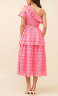JUST ME WOMEN'S ONE SHOULDER RUFFLE FLORAL CROCHET TIERED MAXI DRESS