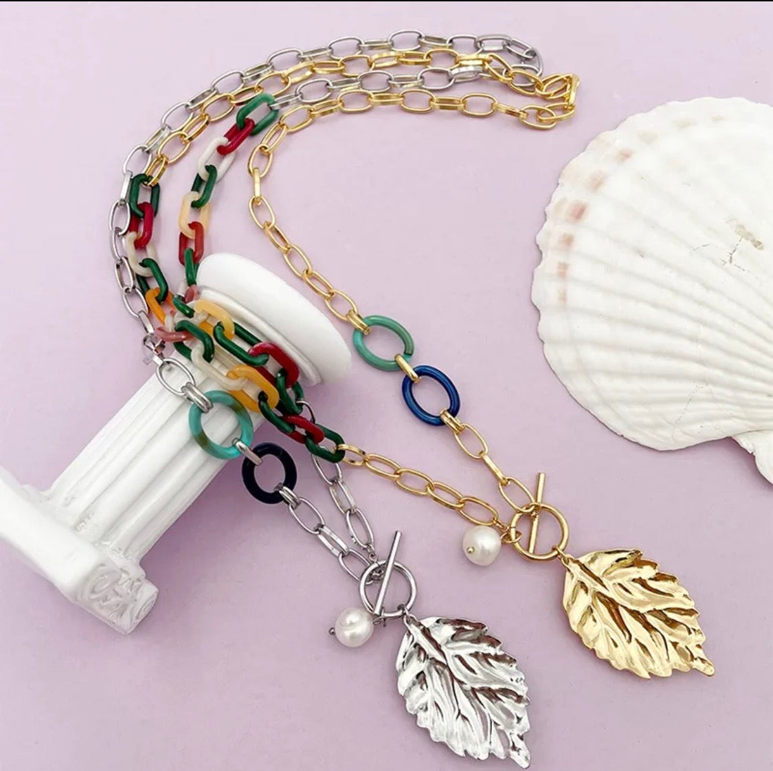 Stainless steel multi color leaf necklace set