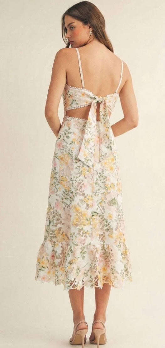 JUST ME WOMEN'S SLEEVELESS HALTER
NECK OPEN BACK FLORAL CROCHET
BODYCON MAXI DRESS
