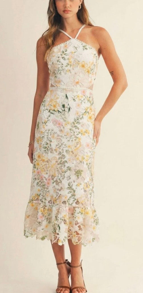 JUST ME WOMEN'S SLEEVELESS HALTER
NECK OPEN BACK FLORAL CROCHET
BODYCON MAXI DRESS