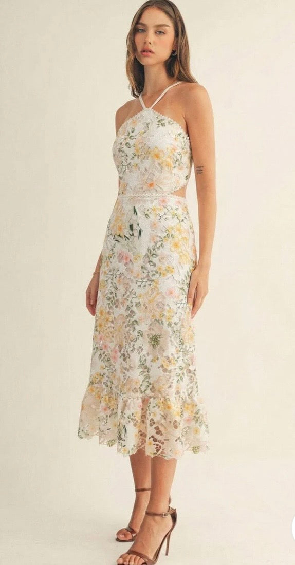 JUST ME WOMEN'S SLEEVELESS HALTER
NECK OPEN BACK FLORAL CROCHET
BODYCON MAXI DRESS